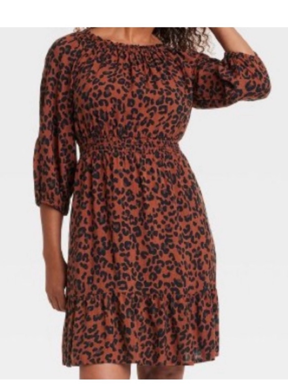 Knox Rose Brown Cheetah Print Puff Sleeve Boho Comfort Dress M